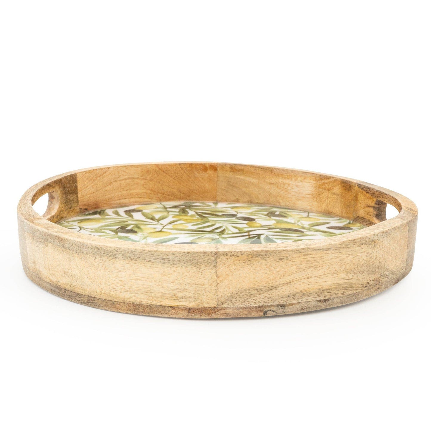 Handcrafted Round Tray Mango Wood - Olives 30cm