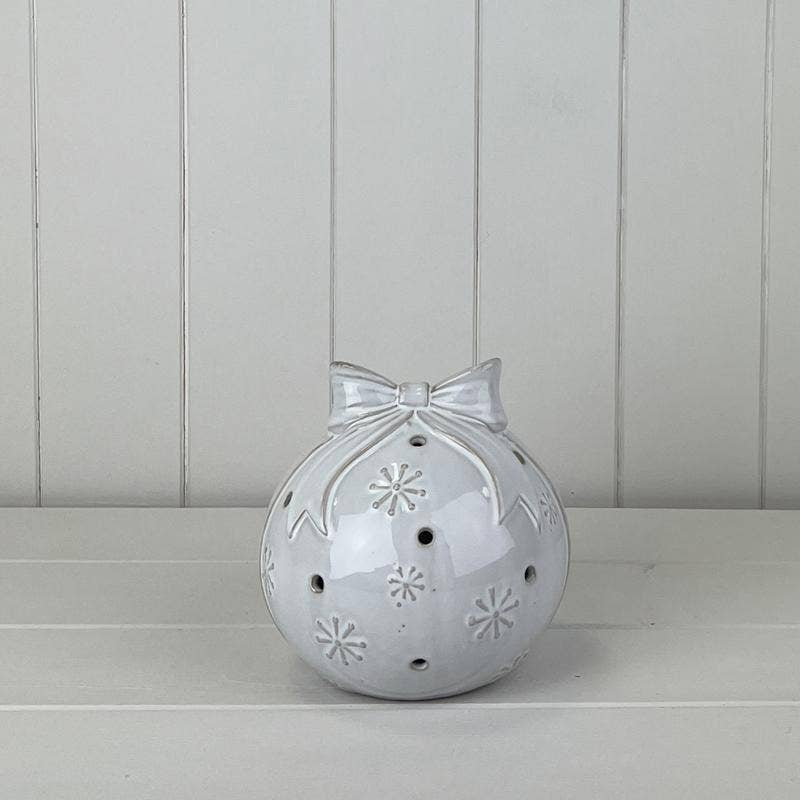 Glazed Ceramic Bauble With Bow Ornament/Textured Detail Led