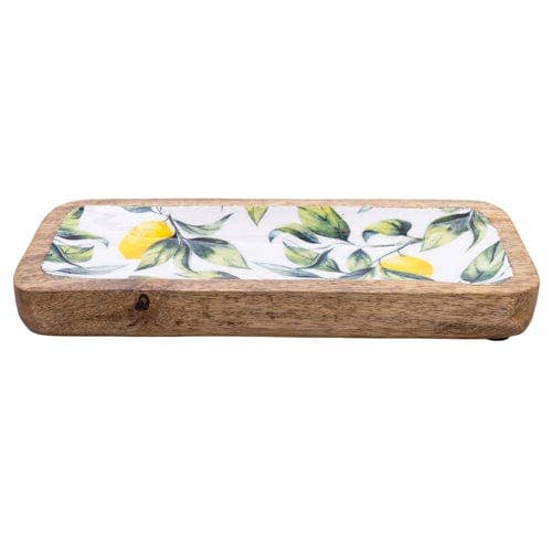 Enamelled Mango Wooden Dish Inlay Lemons and Leaves