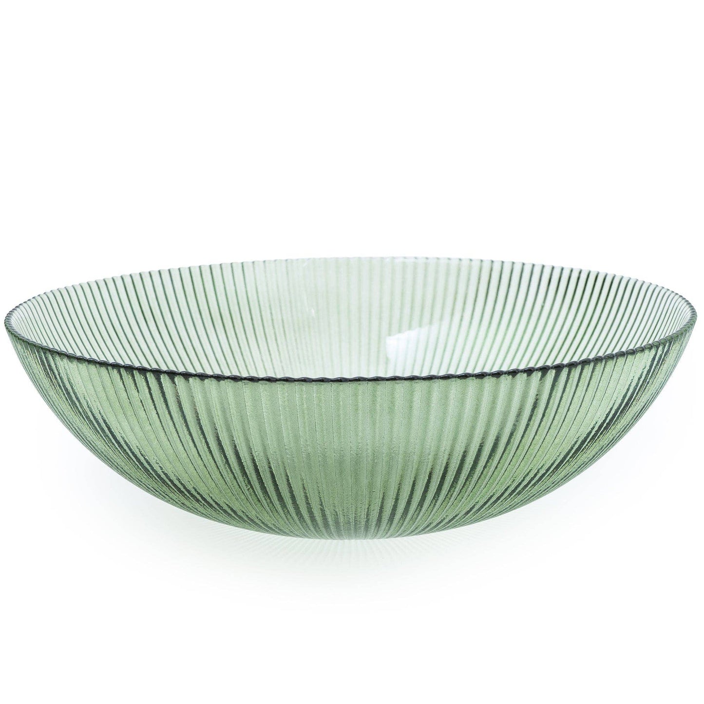 Large Green Glass Bowl Ridged Lines 25cm