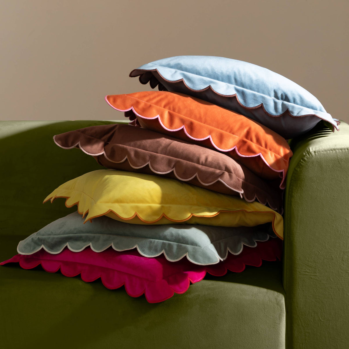 Lil Scallop Velvet Cushion Green/Natural: Green/Natural / Polyester Filled / 45 x 45cm