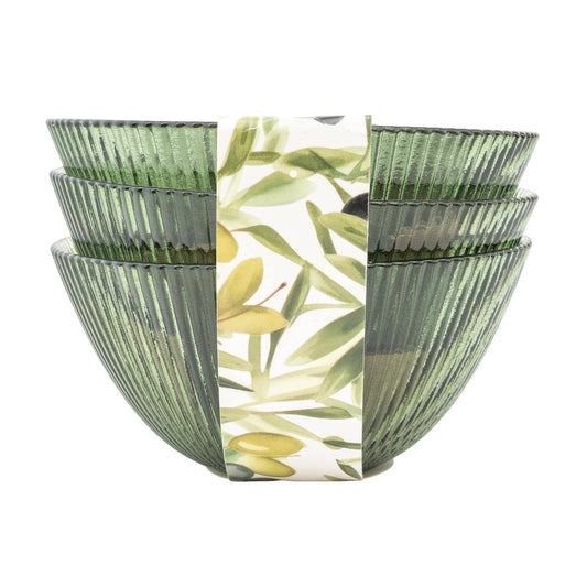 Set of 3 Ridged Glass Bowls - Olive