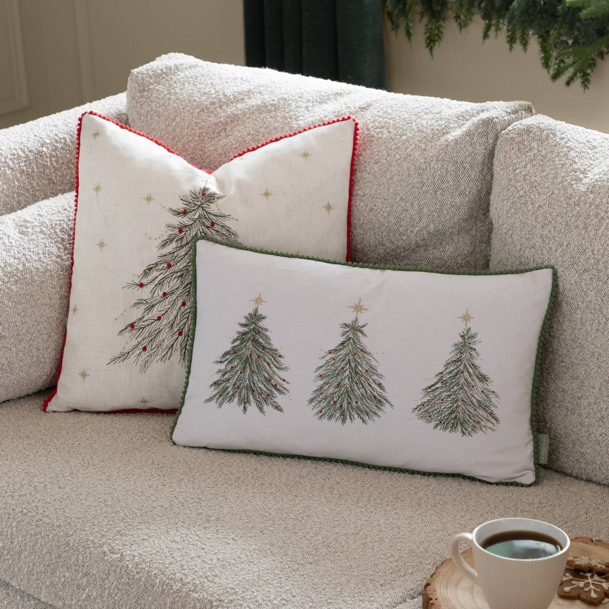 Twinkling Tree Trio Embroidered Cushion Green: Green / Polyester Filled / 30 x 50cm