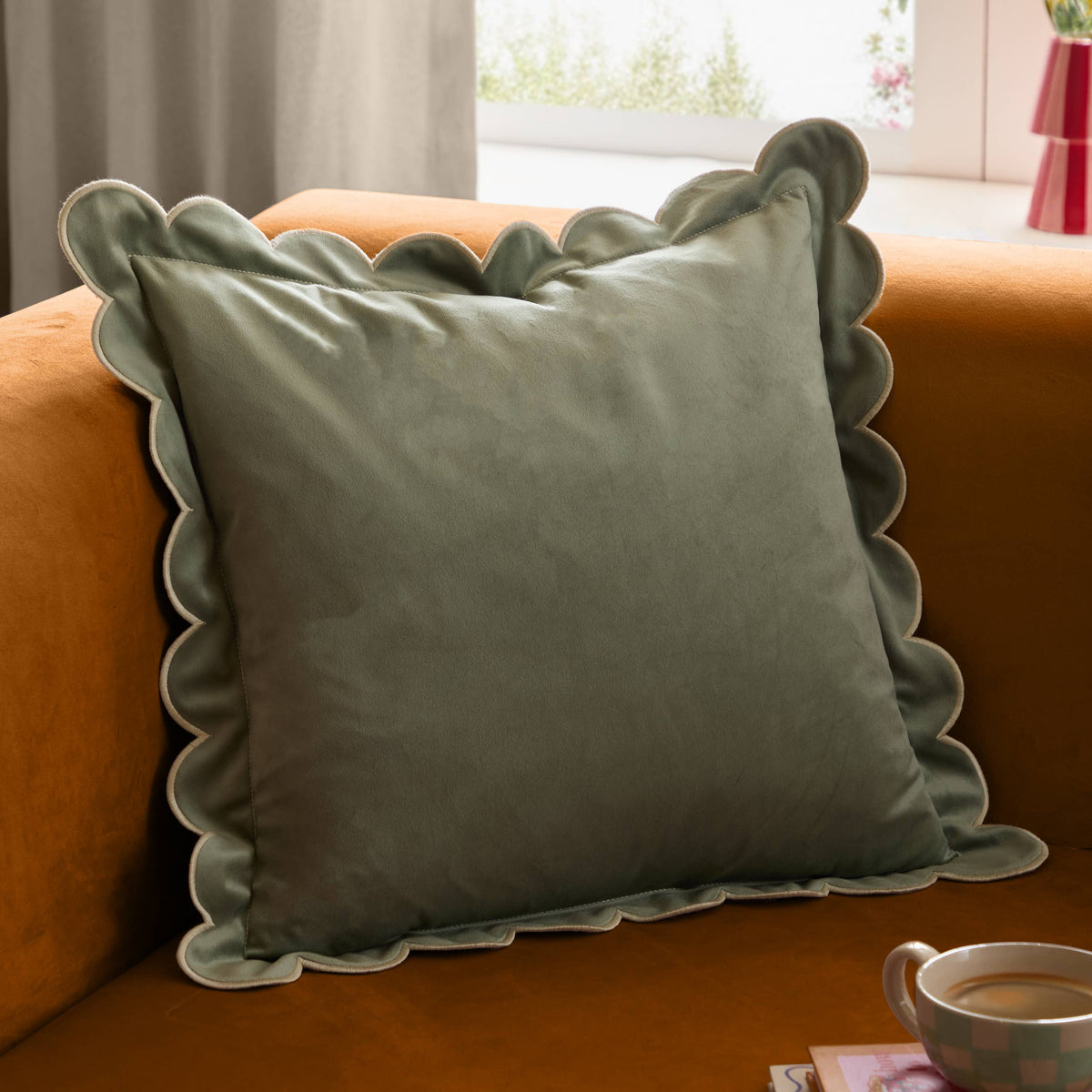 Lil Scallop Velvet Cushion Green/Natural: Green/Natural / Polyester Filled / 45 x 45cm