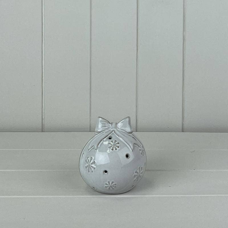 Glazed Ceramic Bauble With Bow Ornament/Textured Detail