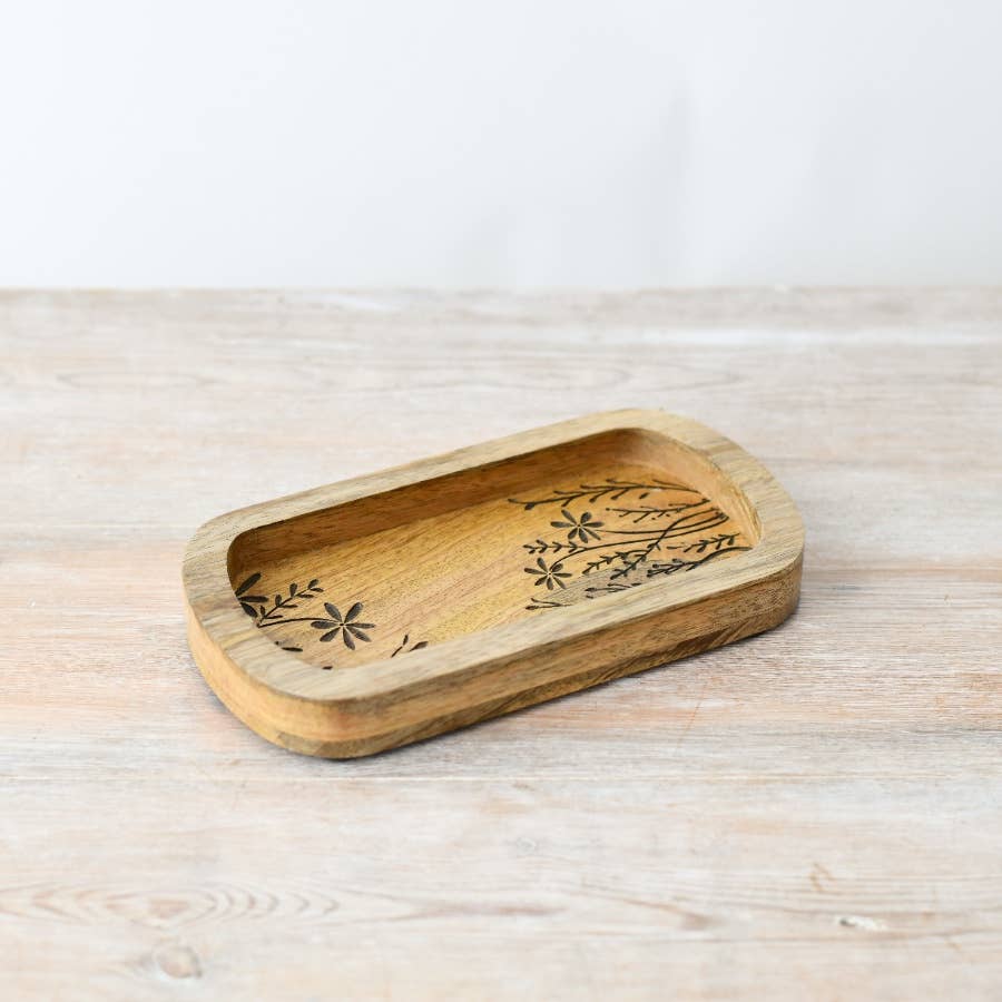 Wood Etched Flower Design Tray, 20cm