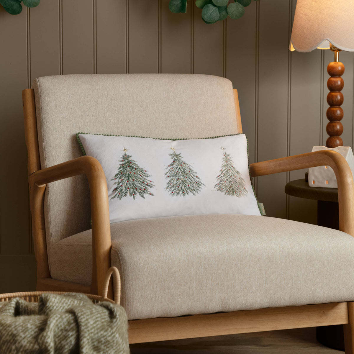 Twinkling Tree Trio Embroidered Cushion Green: Green / Polyester Filled / 30 x 50cm