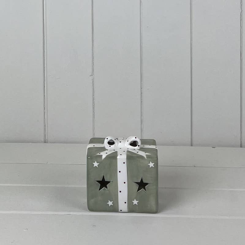 Green Ceramic Present With White Bow Decoration With Led